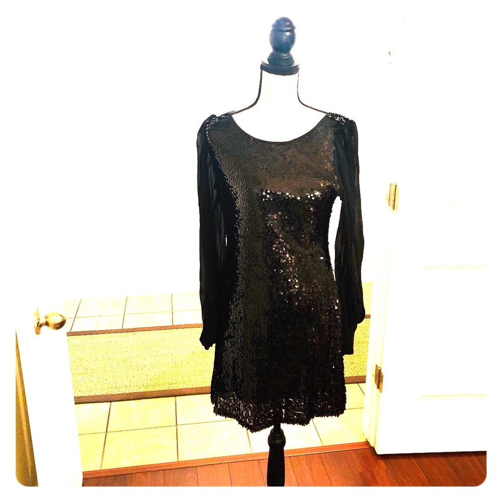 Jane Norman Black Sequin Dress w/Sheer Sleeves